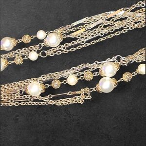 Vintage Faux Pearl Gold Tone Chain Station Necklace 48"‎